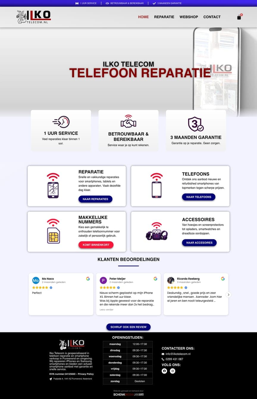 De oude homepagina van Ilko Telecom, van boven tot onder
