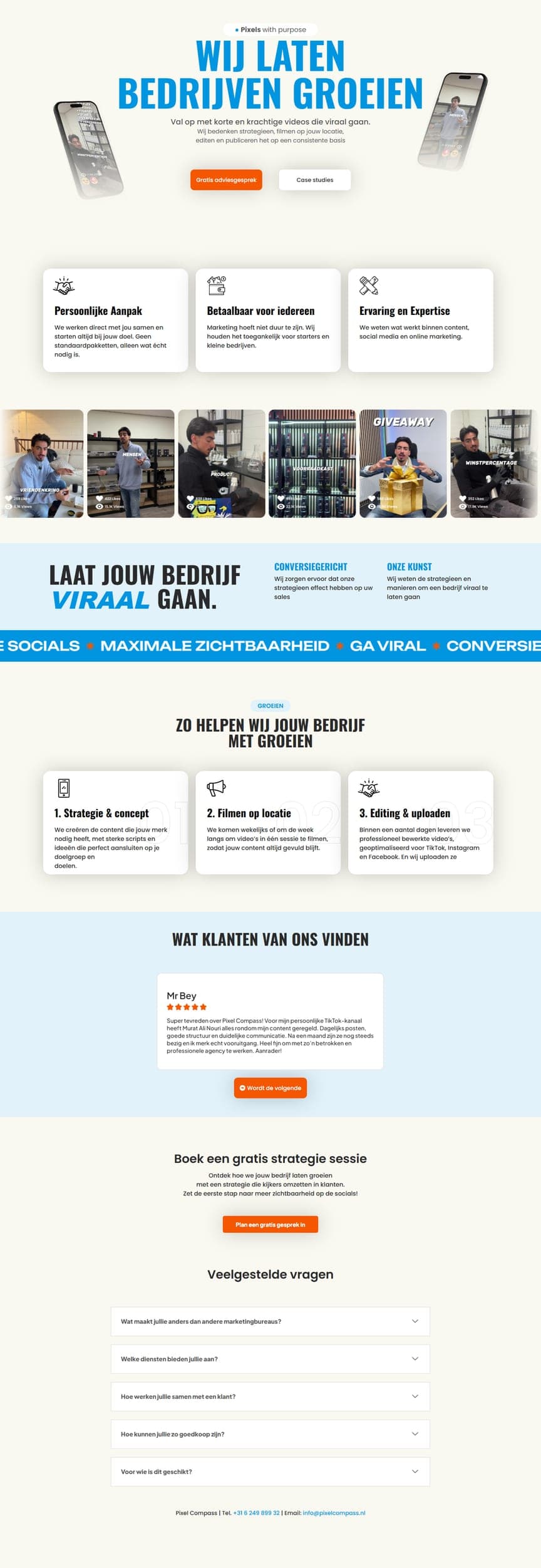 De homepagina van Pixel Compass, van boven tot onder