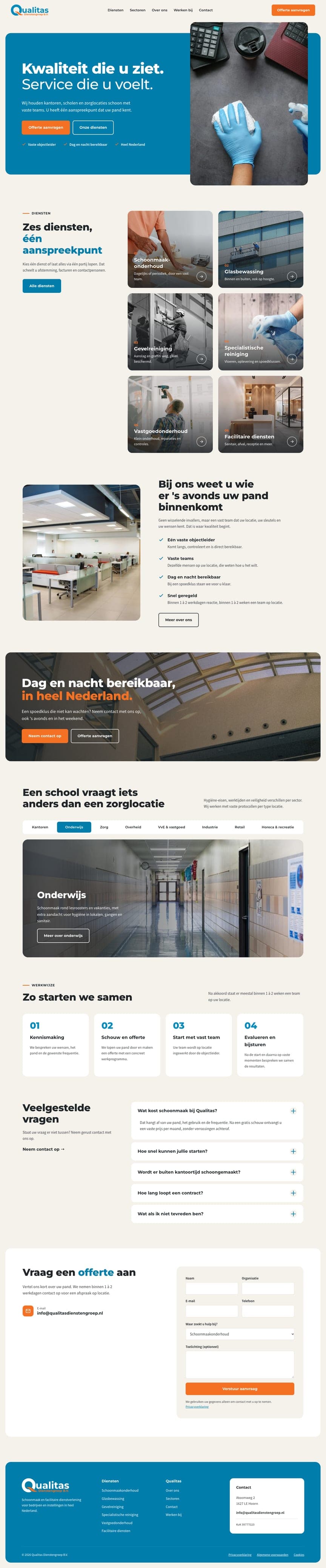 De homepagina van Qualitas Dienstengroep, van boven tot onder